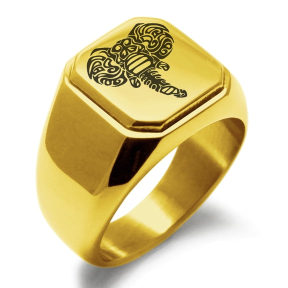 Stainless Steel Juggernaut Elephant Engraved Square Flat Top Biker Style Polished Ring