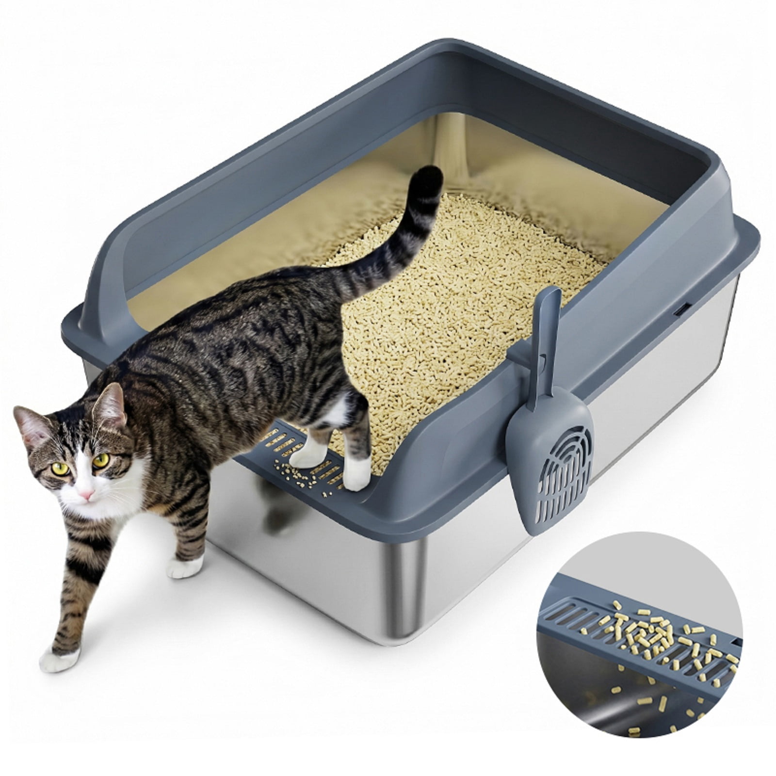 Stainless Steel Litter Box, High Sided Cat Litter Box, Metal Litter Pan with Lid, Extra Large Litter Box with Scoop, Dark Gray