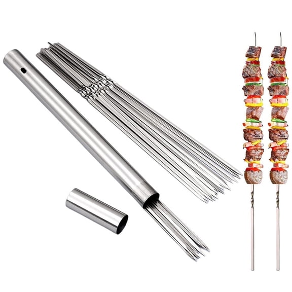 Stainless Steel Kabob Skewer Reusable with Storage Tube for Travel, BBQ Needle Stick for Long Flat Grilling Roast and Meat, Versatile Garden Tools for Outdoor Picnic and Camping Use
