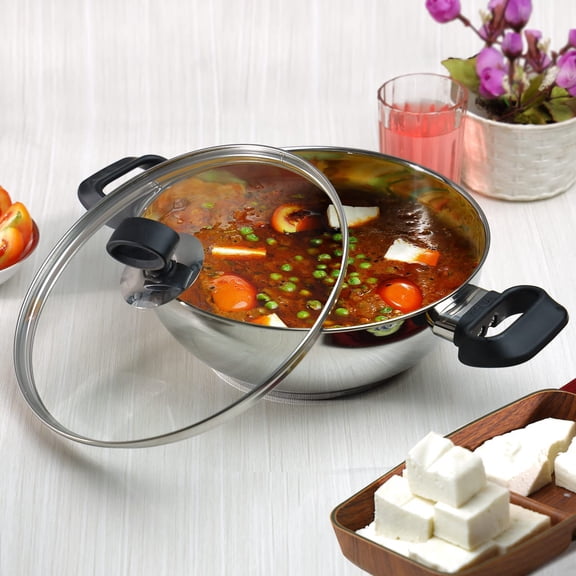 Stainless Steel Kadhai | Deluxe Wok | Glass Lid | Induction Friendly | Sandwich Bottom | 24cm Capacity | 2.8 Liters (2.96 Quarts) | Multi-Use Pot | Suitable For Indian Cooking, Gravy, Stews