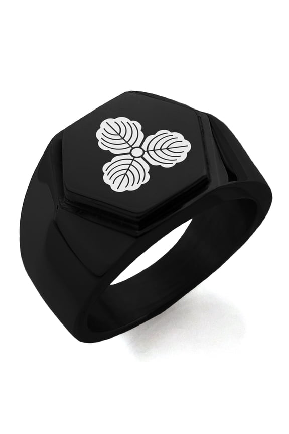 Stainless Steel Kasai Samurai Crest Engraved Hexagon Crest Flat Top Biker Style Polished Ring