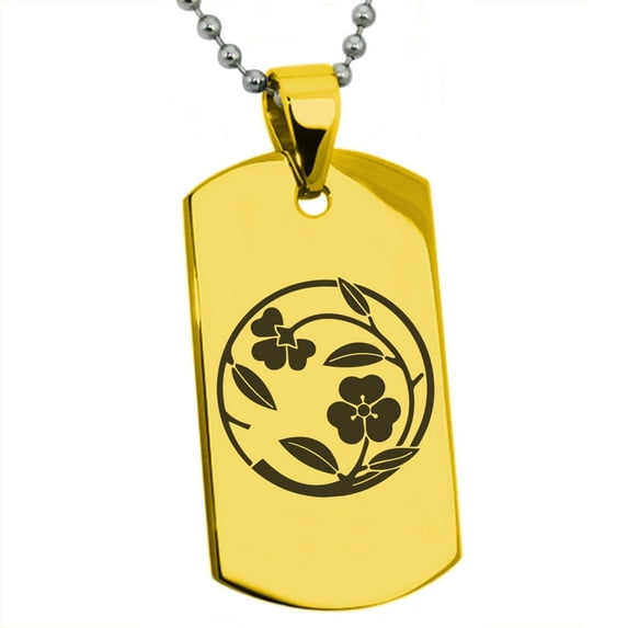 Tioneer Stainless Steel Kawari Katabami Edamaru Kamon Crest Engraved Dog Tag Pendant Necklace