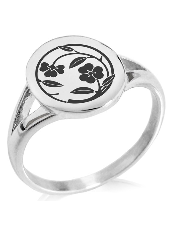 Stainless Steel Kawari Katabami Edamaru Kamon Crest Minimalist Oval Top Polished Statement Signet Ring