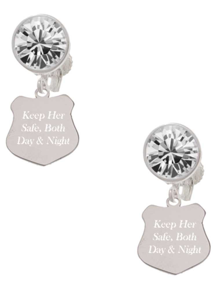 Stainless Steel Keep Her Safe Police Badge - Clear Crystal Clip On Earrings