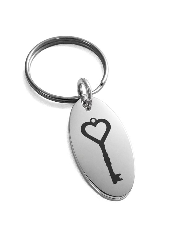 Stainless Steel Key to My Heart Engraved Small Oval Charm Keychain Keyring