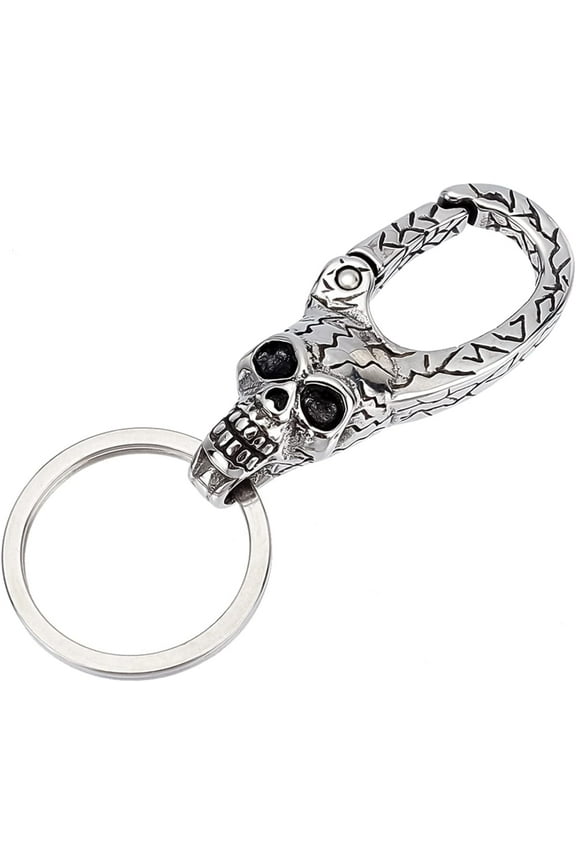 Stainless Steel Keychain Skull Head Shape Clasp Split Key Rings Antique Silver Key Clip Findings for Men Women Luggage Decoration Key Organizer Accessories Halloween Party Gift