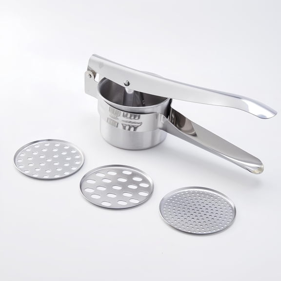 Stainless Steel Khuon Banh Lot Press Multi-Purpose Potato Ricer, Cendol Maker, Spaetzle Press Heavy-Duty Manual Food Strainer with 3 Interchangeable Discs for Rice, Vegetables, and Dough
