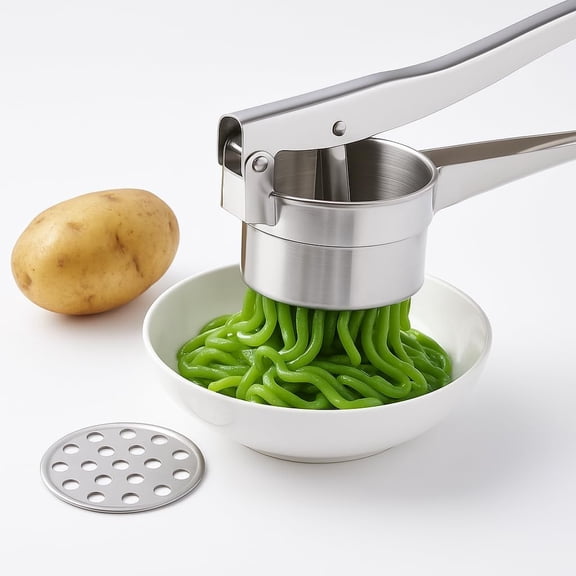 Stainless Steel Khuon Banh Lot Press Multi-Purpose Potato Ricer, Cendol Maker, Spaetzle Press Heavy-Duty Manual Food Strainer with 3 Interchangeable Discs for Rice, Vegetables, and Dough