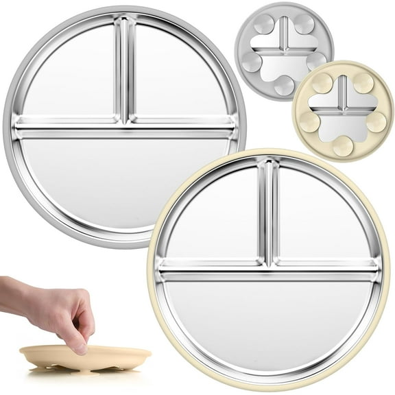 Stainless Steel Kids Plates (2 Pack) 9 Inch Toddler Divided Plates with ﻿Removable Silicone Sleeves & 5 Suction Cups Baby Self Feeding | Mess-Free Mealtime | Dishwasher Safe