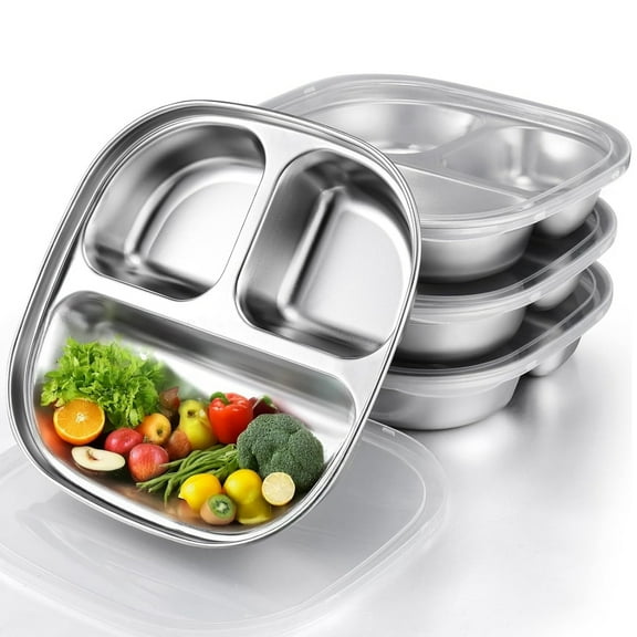 Stainless Steel Kids Plates,2 Pcs Divided Food Plates,3 Compartment Portion Control Dinner Plate,Lunch Tray Dishes,Non Toxic & BPA Free,Dishwasher Safe,Mess Food Sectioned Tray for Dinner,Cafeteria