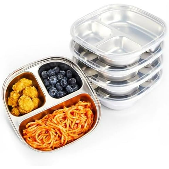 Stainless Steel Kids Plates - 5 Pack Toddler Plates with Lids - Non Toxic & Divided (Stainless Steel)