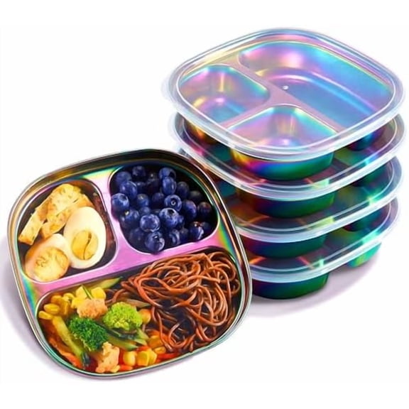 Stainless Steel Kids Plates - 5 Pack Toddler Plates with Lids - Non Toxic & Divided
