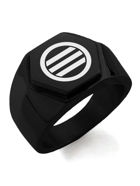 Stainless Steel Kikkawa Samurai Crest Engraved Hexagon Crest Flat Top Biker Style Polished Ring