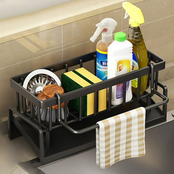 Stainless Steel Kitchen Caddy Organizer with Auto Drain Rack Soap Dispenser and High Brush Holder