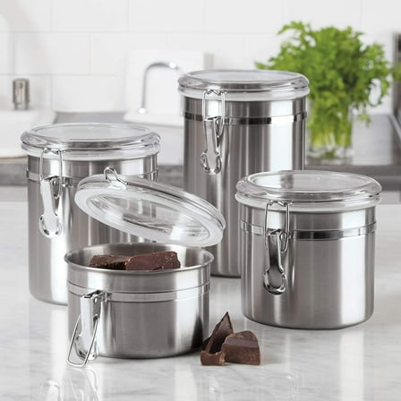 Stainless Steel Kitchen Canisters Set - Airtight Clamp Lid,  See-Thru Top, 4 Sizes for Food Storage