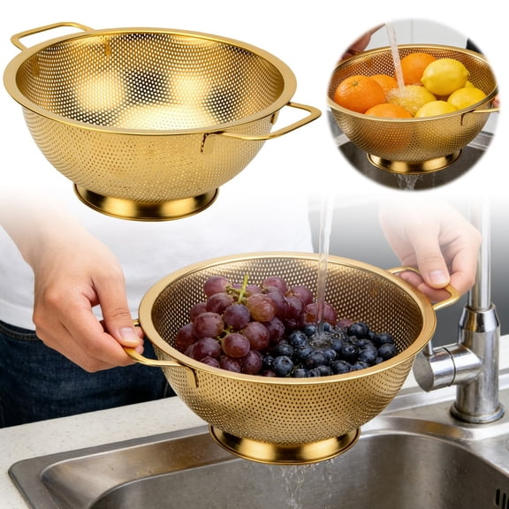 Stainless Steel Kitchen Colander 3QT - Metal Strainer with Handles for Pasta, Rice, Fruits & Vegetables, Self-Draining Base, Dishwasher Safe
