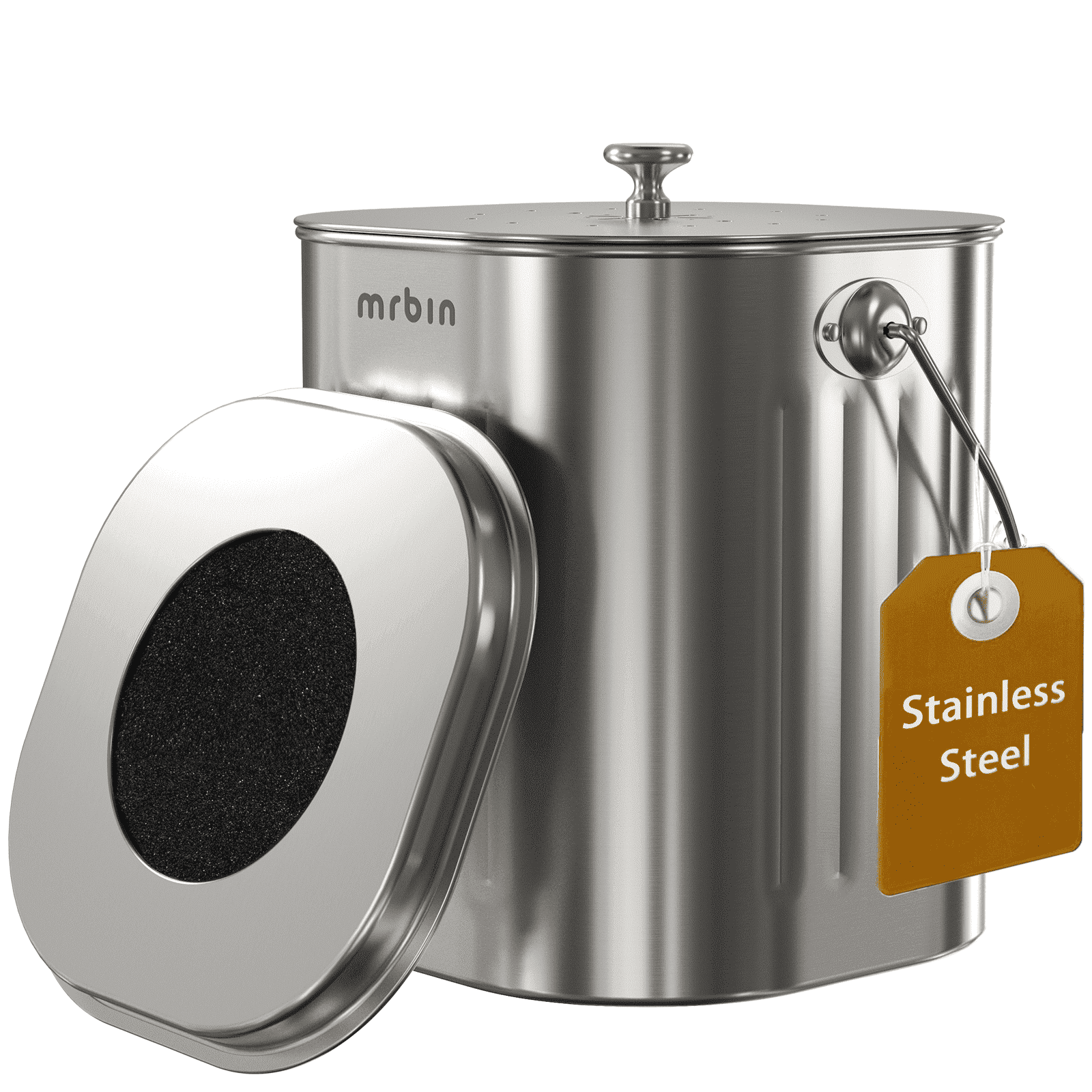 Mrbin All Stainless Steel Compost Bin Kitchen Countertop Trash Can with Lid and Charcoal Filter, Metal Small Indoor Rubbish Dustbin for Food Waste Recycle