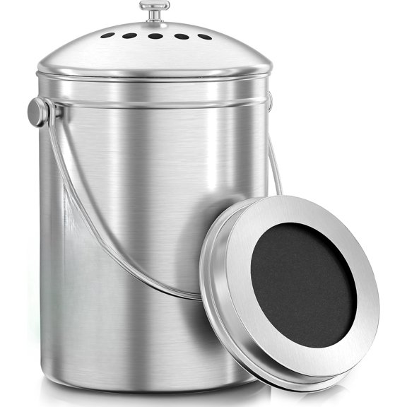 Stainless Steel Kitchen Composter, 1.3 Gal Countertop Compost Container with Charcoal Filter, Ideal for Counter or Under-Sink Trash Storage