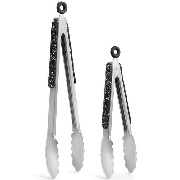 Stainless Steel Kitchen Cooking Tongs, 9" and 12" Set of 2 Sturdy Grilling Barbeque Brushed Locking Food Tongs with Ergonomic Grip, Black,tongs for cooking