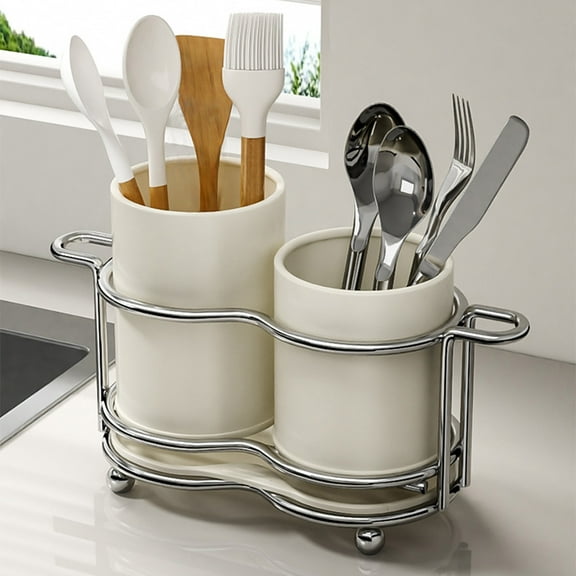 Stainless Steel Kitchen Countertop Tool Stand, Knife Spoon Drying Rack with Drain Holes, Hygienic Cutlery Organizer Caddy, 1-Pack