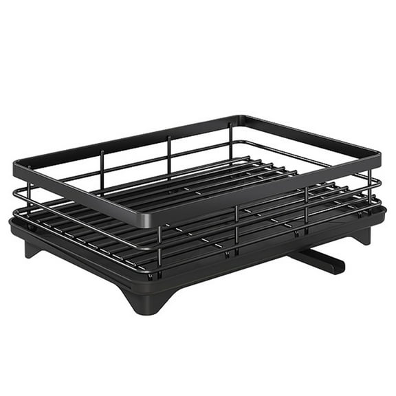 Stainless Steel Kitchen Drying Rack with Drainboard | Expandable Countertop Dish Drainer | 360° Rotatable Drain Channel | Utensil Holder | Non-Slip Feet | 16.7x11.81x5.31in | Black