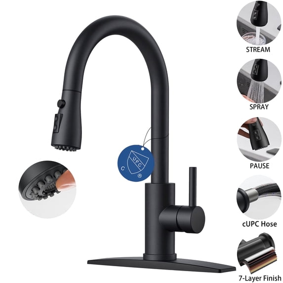 TVOFEK Kitchen Faucet with Pull Down Sprayer, Black Stainless Steel Kitchen Water Faucet with Deck Plate for 1 or 3 Hole, Single Handle Classic Faucets for RV Laundry Bar Camper