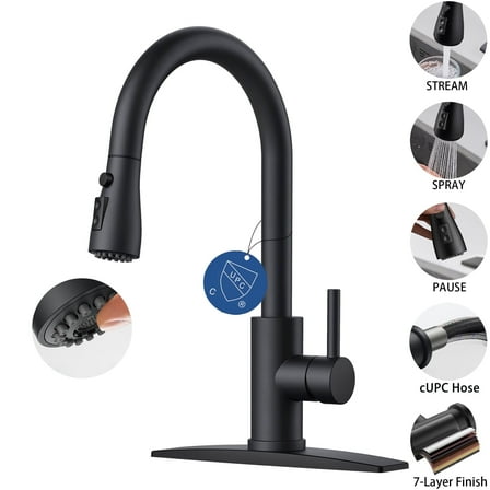 TVOFEK Kitchen Faucet with Pull Down Sprayer, Black Stainless Steel Kitchen Water Faucet with Deck Plate for 1 or 3 Hole, Single Handle Classic Faucets for RV Laundry Bar Camper