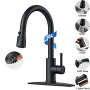 Stainless Steel Kitchen Faucet with Pull Out Sprayer(3 Modes), Black High Arc Single Handle Kitchen Water Faucet with Deck Plate for 1 3 Hole, Classic Faucets for RV Farmhouse Camper Laundry