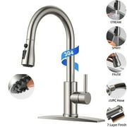 Stainless Steel Kitchen Faucet with Pull Down Sprayer(3 Modes), Brushed Nickel High Arc Single Handle Kitchen Water Faucet with Deck Plate for 1 3 Hole, Lead-Free Classic Faucets for RV Laundry Bar