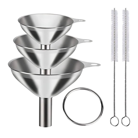 Stainless Steel Kitchen Funnel Set of 3 | Food Grade Metal Funnel with 2 Cleaning Brush for Filling Bottles, Jars & Containers | 3 Sizes for Liquids, Spices & Powders