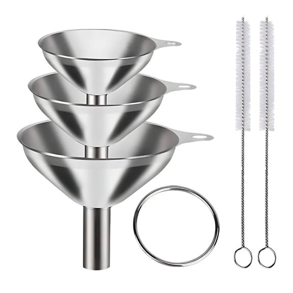 Stainless Steel Kitchen Funnel Set of 3 | Food Grade Metal Funnel with 2 Cleaning Brush for Filling Bottles, Jars & Containers | 3 Sizes for Liquids, Spices & Powders