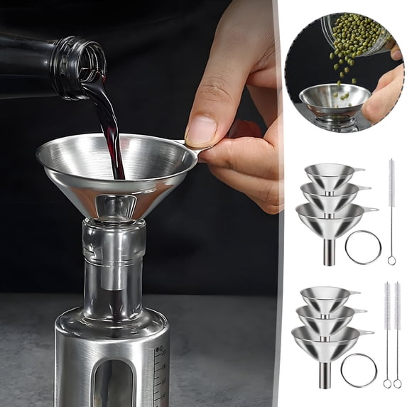 Stainless Steel Kitchen Funnel Set | Food-Grade Metal | Small Medium Large Funnels | Cleaning Brush Included | Corrosion-Resistant | 4 or 5 Piece | Dishwasher Safe | For Bottles Oils Spices Dry