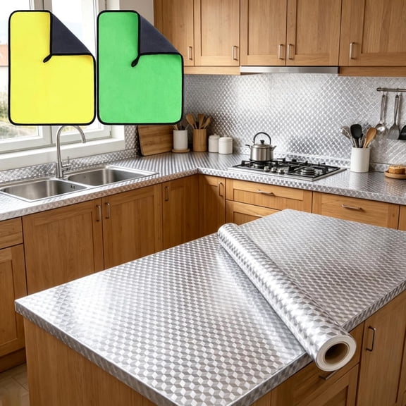 Stainless Steel Kitchen Oil-Proof Adhesive Wallpaper Roll, Silver PVC Wrap, Kitchen Wallpaper Oil Proof Sticker, Waterproof Contact Paper for Kitchen Countertops Cabinets (40cm*5m)