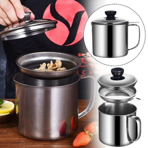 Stainless Steel Kitchen Oil Strainer Pot with Lid, 1.3L Grease Container Jug for Storing & Filtering Cooking Oil, Bacon Fat Separator with Fine Mesh Filter