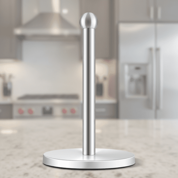 Stainless Steel Kitchen Paper Towel Holder Stand with Weighted Non-Slip Base, Countertop Protector for Secure and Stable Use in Silver Finish