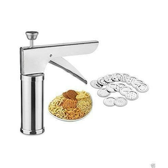 Stainless Steel Kitchen Press for Murukku Maker Bhujiya Maker Noodles Cookies Chakali Maker with 15 Interchangeable Blades