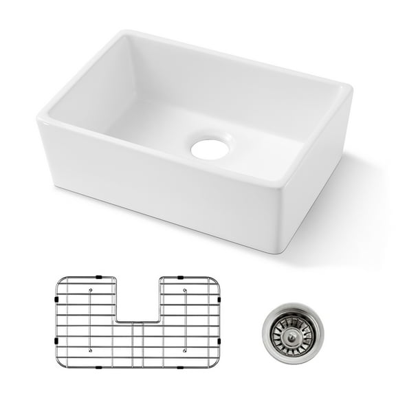 Stainless Steel Kitchen Sink 24 Inch White Fireclay Farmhouse Sink-24x 16 White Farm Sink for Small Kitchen and Laundry, Apron Front Porcelain Ceramic Sink Single Basin with Bottom Grid and Strainer,