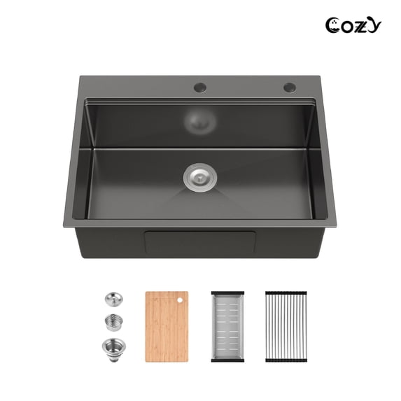 Stainless Steel Kitchen Sink, 30″x22″ Single Bowl, Overmount Handmade Sink in Black, with Cutting Board, Colander, SS-BL01D-302208-2