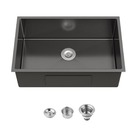 Stainless Steel Kitchen Sink 30x19 Inch, Black Undermount Single Bowl, Handmade 18-Gauge, Quiet, with Drain