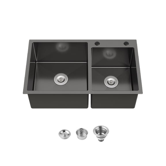 Stainless Steel Kitchen Sink, 32x19 Double Bowl in Black, Overmount Handmade Sink, with US Standard Drain and Hook