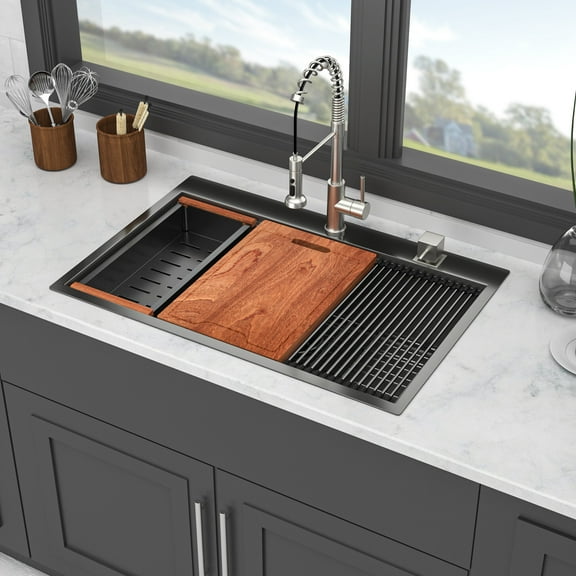 Stainless Steel Kitchen Sink 33" Drop in Kitchen Sink - 33*22*9 inch Gunmetal Black Kitchen Sink Topmount Single Bowl 16 Gauge Stainless Steel Ledge Workstation Kitchen Sinks,Undermount Kitchen Sink