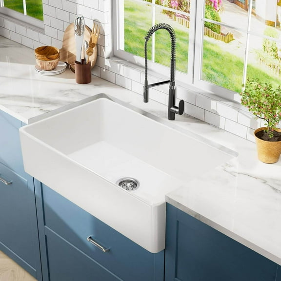 Stainless Steel Kitchen Sink 33 inch White Farmhouse Sink, Fireclay Apron Front Farm Kitchen Sinks Farmhouse Ceramic Porcelain Single Bowl Deep Large Capacity Kitchen Sink with Stainless Steel Grid a