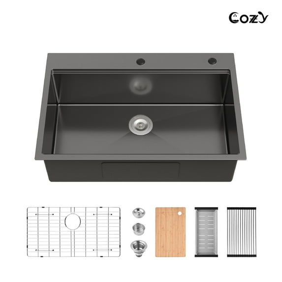 Stainless Steel Single Bowl Kitchen Sink 33x22 inch 1-Piece, Overmount Handmade in Black with Cutting Board, Colander & Grid, SS-BL-01