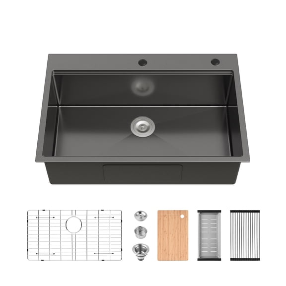 Stainless Steel Kitchen Sink, 33x22 Single Bowl, Overmount Handmade Sink in Black, with Cutting Board, Colander, Grid, SS-BL-01