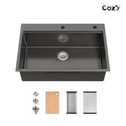 Stainless Steel Kitchen Sink, 33x22″ Single Bowl Overmount Handmade Sink, with Cutting Board, Colander, Each, SS-BL01D-332208-2