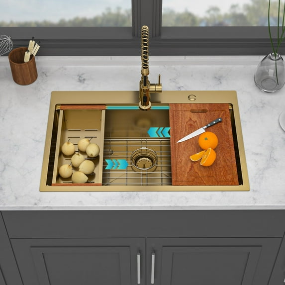 Stainless Steel Kitchen Sink 36" Drop in Gold Kitchen Sink - 36 x 22 x 10 inch Kitchen Sink Drop-in Topmount Single Bowl 16 Gauge Stainless Steel Ledge Workstation Kitchen Sinks,Undermount Kitchen Si