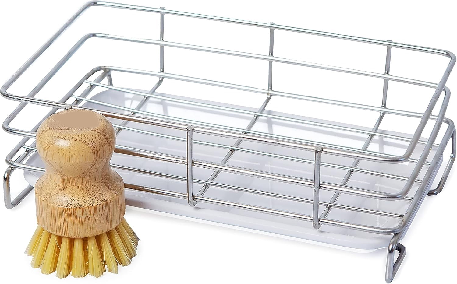 Stainless Steel Kitchen Sink Caddy with Removable Drip Tray and Bamboo Brush, Sponge and Soap Countertop Organizer