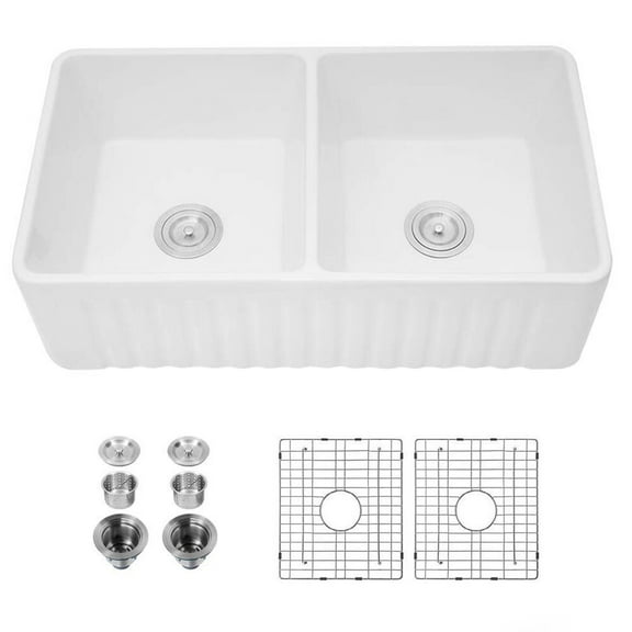 Stainless Steel Kitchen Sink Ceramic White 33*18*10" Kitchen Double Basin Farmhouse Sink Rectangular Vessel Sink,Undermount Kitchen Sink