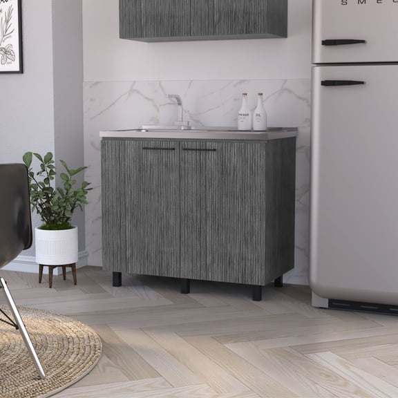 Stainless Steel Kitchen Sink FM FURNITURE Oklahoma 2 Utility Sink & Cabinet, Interior Shelf, Stainless Steel Countertop ,Smokey Oak,Undermount Kitchen Sink