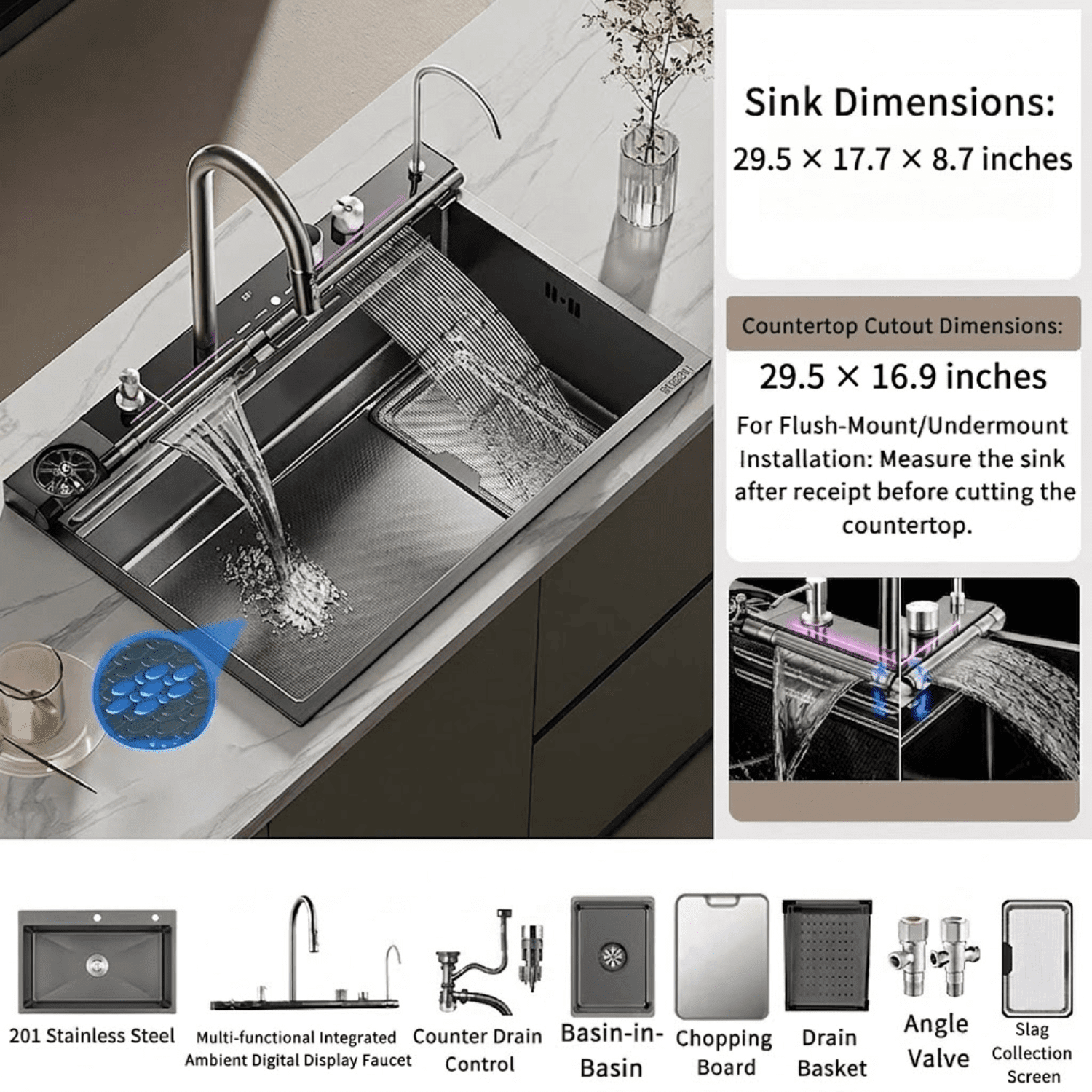Stainless Steel Kitchen Sink, Large Single Bowl Workstation Sink with ...
